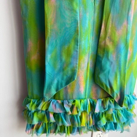 Vintage 60s Irving Nadler Watercolor Shift Dress S/M Green Sleeveless Ruffle Mod - Picture 8 of 12
